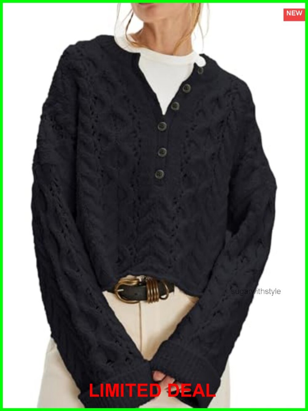 Women's Cable Knit Crop Sweater Button Front Bell Sleeve Pullover